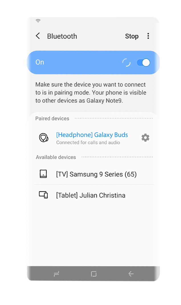 The product image of Galaxy Note9 is shown, and the Bluetooth pairing UI is displayed on the mobile screen.