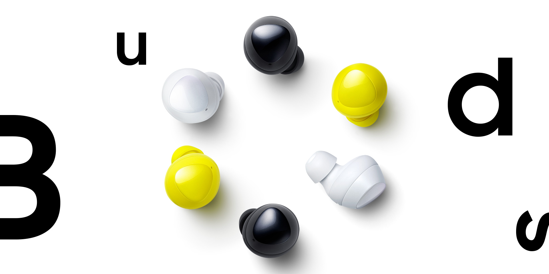 White, black, yellow three colors of Galaxy Buds are shown. Buds Text is entered on a white background.