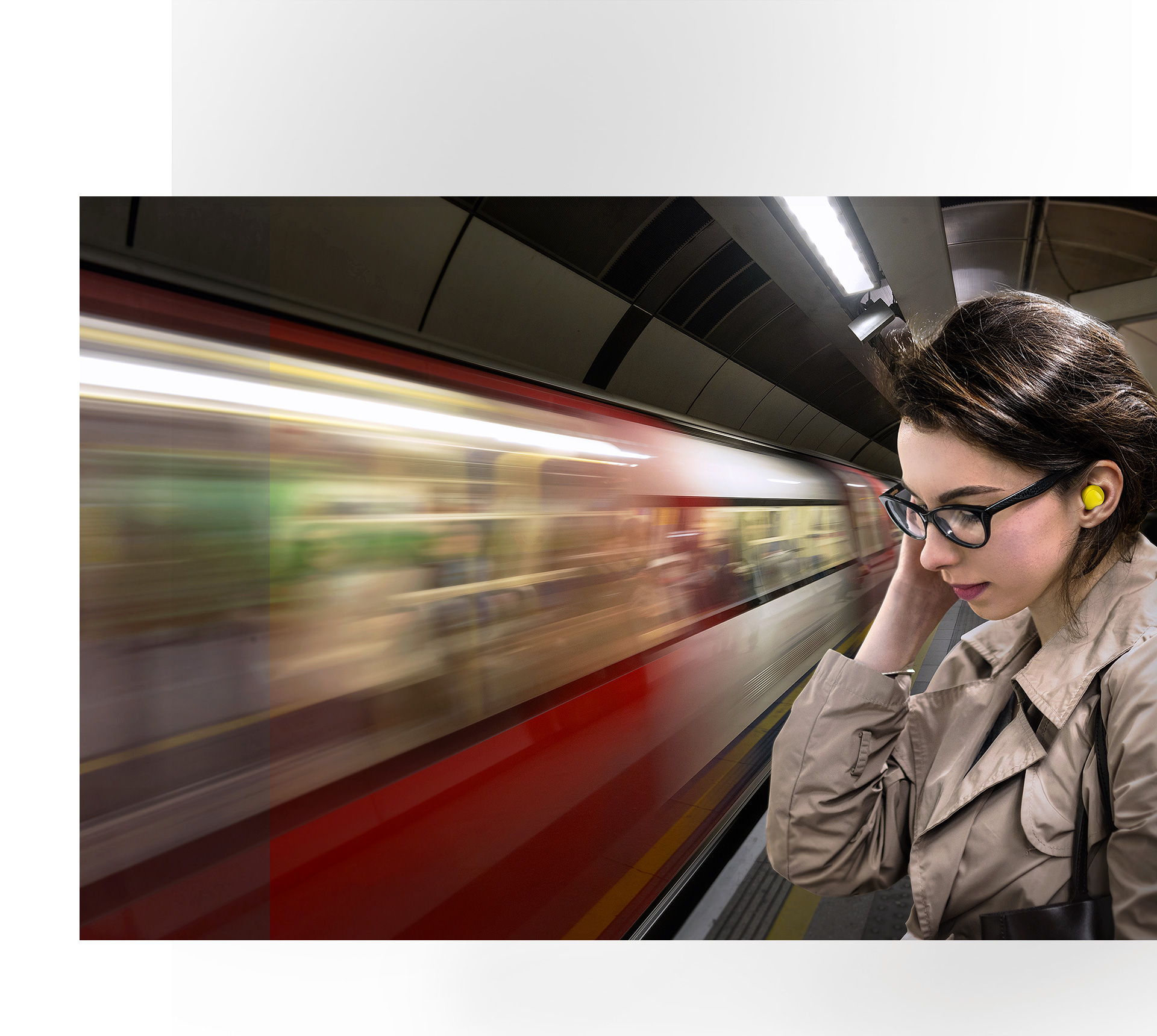 The image on the right shows a woman wearing yellow Galaxy Buds concentrating on sound in the subway platform.