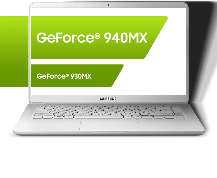 [NVIDIA 940MX] 화면 좌측으로부터 화면 중앙의 제품 모니터 스크린 안으로 검정 배경에 초록 색상의 그래프가 이어지며 NVIDIA 940MX와 NVIDIA 930MX의 향상된 작업 속도를 나타내고 있습니다.