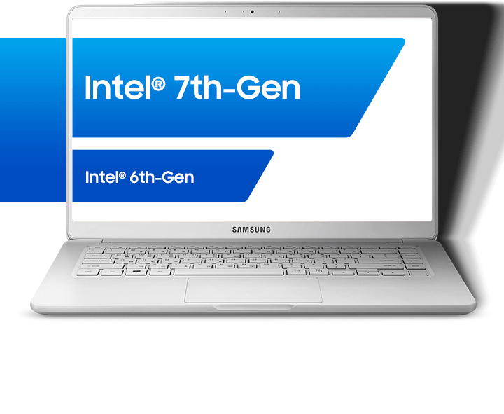 [Intel® 7th-Gen] 90도로 열린 제품이 정면으로 놓여있으며 화면 좌측으로부터 화면 중앙의 제품 모니터 스크린 안으로 파란 색상의 그래프가 이어지며 최신 7세대 인텔 코어™ 프로세서의 향상된 작업 속도를 나타내고 있습니다.