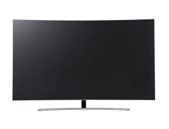 중앙상단에는 QLED TV가 실버 커브 스탠드가 장착되어 정면 컷이 보여지고 하단의 버튼을 좌/우로 드래그하면 QLED TV가 360도 회전합니다.