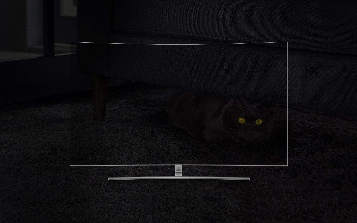 QLED TV 제품이 정면으로 놓여져 있고 화면 안에는 검정 카페트에 있는 검정 쇼파 아래 검정색 고양이가 숨어 있는 모습이 흐리게 보여집니다.