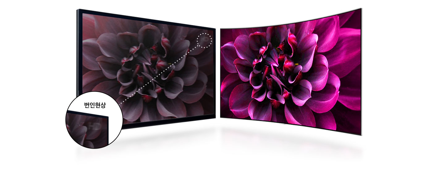 좌측에는 일반 TV가 보여지고 우측에는 QLED TV가 보여집니다. 일반 TV 우측 상단으로 번인 현상으로 TV 디스플레이 영역에 영구적인 결함이 발생한 확대 이미지가 보입니다.