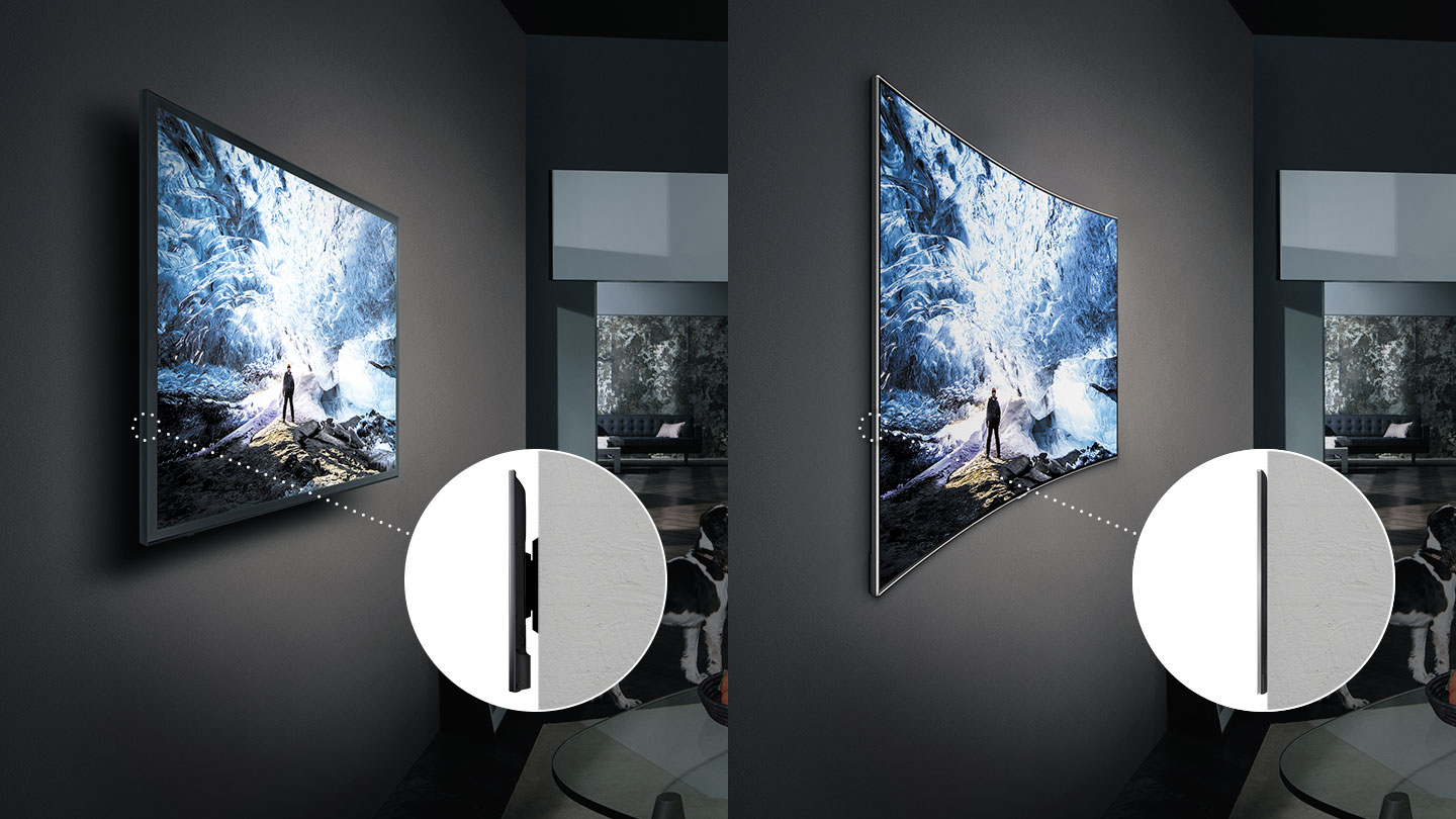 좌측에는 일반 TV의 간격이 넓은 일반 벽걸이 확대 이미지가 보여지고 우측에는 빌트인 한 듯 벽과의 간격이 거의 없는 QLED TV의 밀착 벽걸이 확대 이미지가 보여집니다.