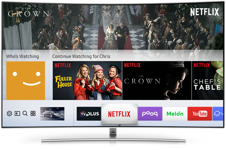 QLED TV가 실버 커브 스탠드가 장착되어 정면 컷이 보여지며, 화면안에는 NETFLIX 이미지가 보여지고 있습니다.