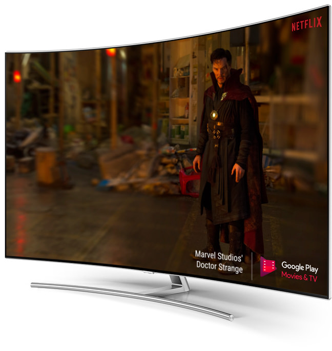 NETFLIX 화면이 보여지는 비스듬한 QLED TV 이미지