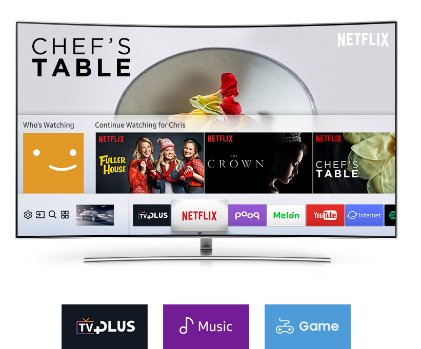 흰색바탕으로 되어있으며, 중앙상단에는 QLED TV가 실버 커브 스탠드가 장착되어 정면 컷이 보여지고 있습니다. 화면안에는 NETFLIX 화면이 보여지고 있으며 Q스마트 전용 콘텐츠를 사용하고 있는 화면이 보여지고 있습니다. 제품 하단에는 TV PLUS, Music, Game 이미지가 보여지고 있습니다.
