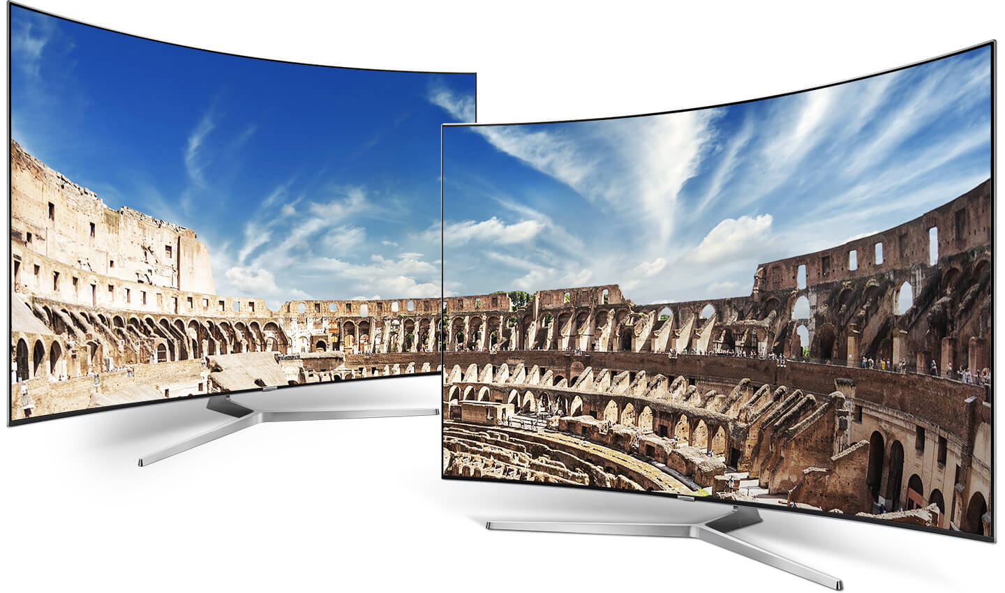 Two curved Samsung TVs are standing and an amphitheater image is on a TV screen.
