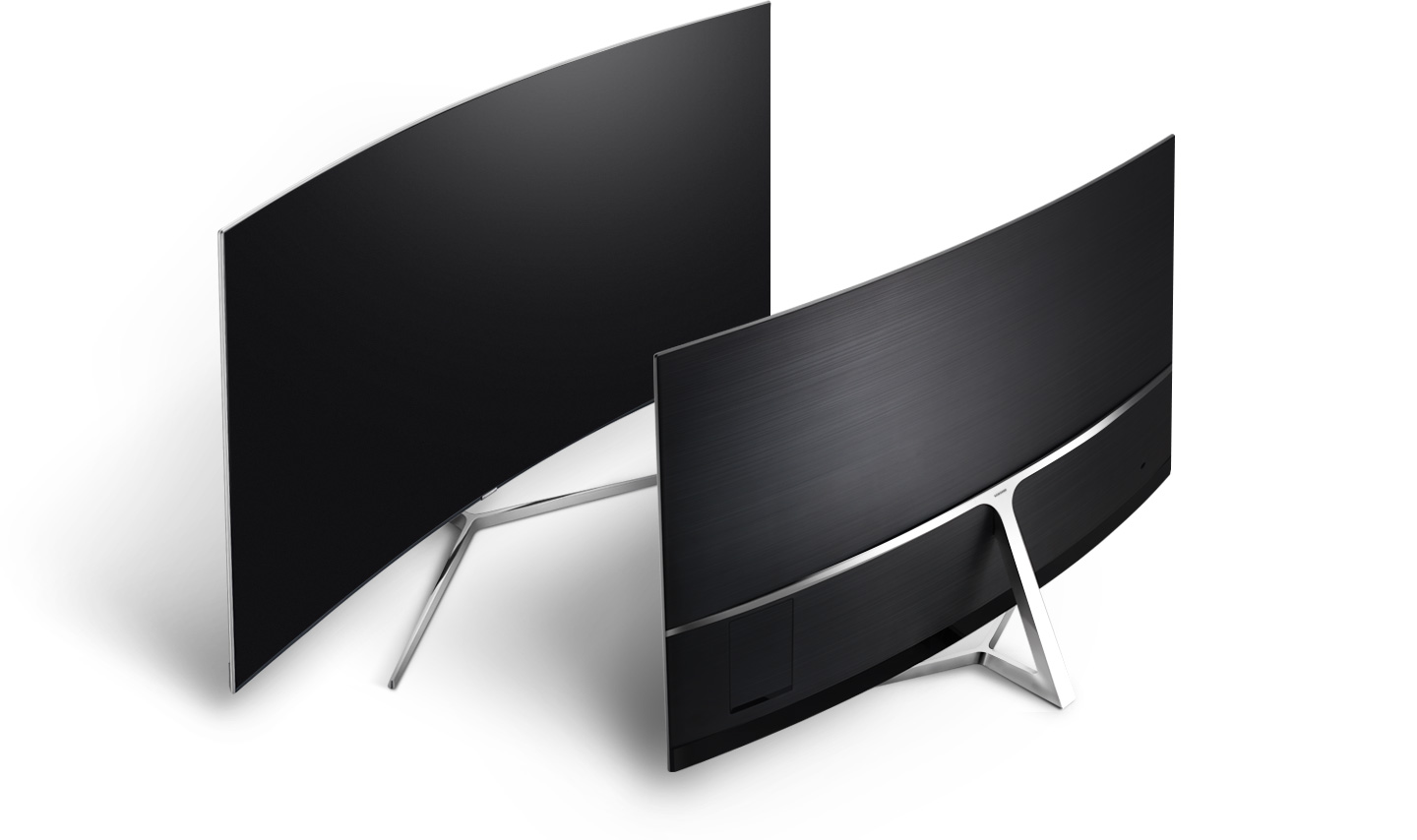 Two curved Samsung TVs are facing each other and one shows streamlined clean back design. 