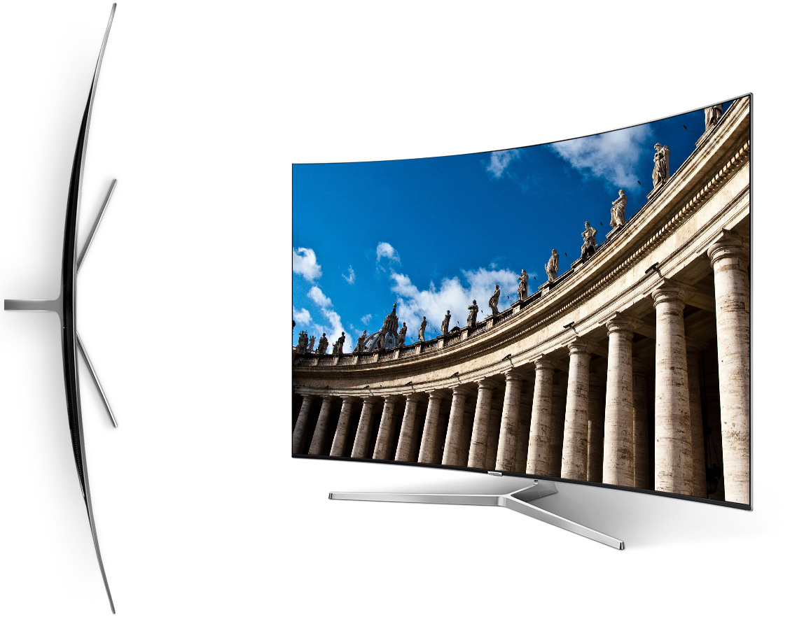Top view of curved Samsung TV and perspective view of Samsung TV.